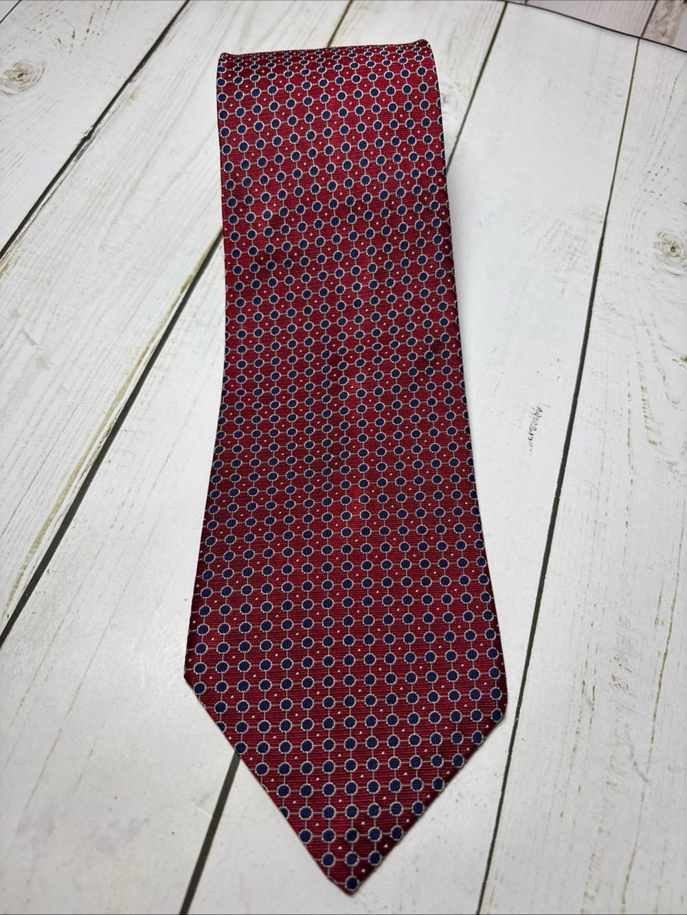 Lauren Ralph Lauren Men's Silk Tie - Red & Blue Geometric Pattern 57” x 3.5”